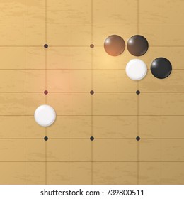 Chinese chess pieces are surrounded by white and black, placed on a wooden board. And the thought process. vector illustration
