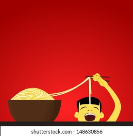 Chinese child eats noodles 