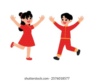 Chinese Children Boy and Girl in Traditional Dress Running and Raising Hand Up illustration