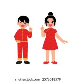 Chinese Children Boy and Girl in Traditional Dress Thinking Finger Up illustration