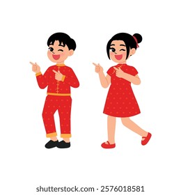 Chinese Children Boy and Girl in Traditional Dress Pointing Finger  illustration