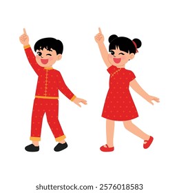 Chinese Children Boy and Girl in Traditional Dress Pointing Finger Up illustration