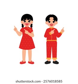 Chinese Children Boy and Girl in Traditional Dress Pointing finger illustration