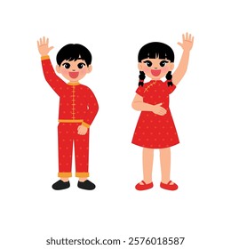 Chinese Children Boy and Girl in Traditional Dress Raising Hand Up illustration