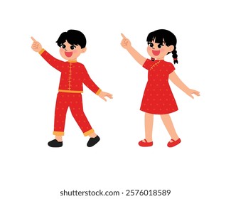 Chinese Children Boy and Girl in Traditional Dress Pointing Finger Up illustration