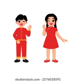 Chinese Children Boy and Girl in Traditional Dress Ok Hand illustration