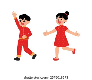 Chinese Children Boy and Girl in Traditional Dress Running illustration