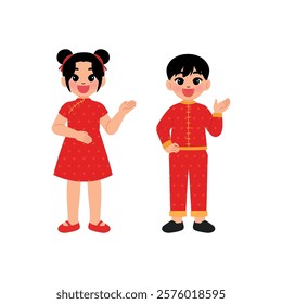 Chinese Children Boy and Girl in Traditional Dress Pointing Hand illustration