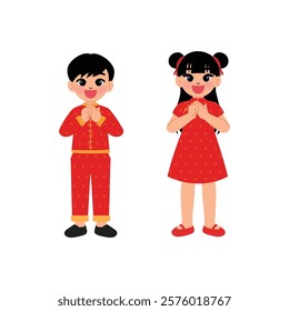 Chinese Children Boy and Girl in Traditional Dress Making Fist and Palm Salute illustration 