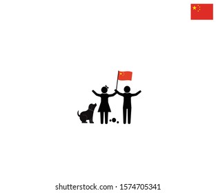 Chinese children with CHINA national flag, fuure of china concept, sign symbol background, vector illustration.