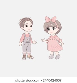 Chinese children full length standing. Toddler boy and girl smile. Asian cartoon character. Small child casual lifestyle. Japanese kid fashion. Korean family members. Social role: elementary pupil.