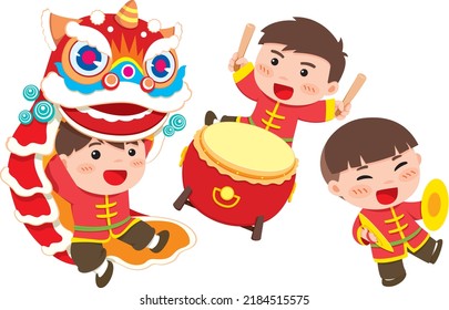 Chinese children perform lion dance celebrating chinese new year.