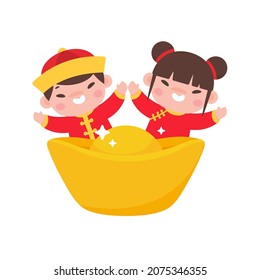 Chinese children wear red national costumes with golden yuan.