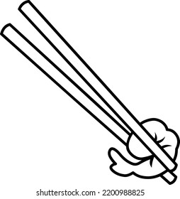 Chinese chopsticks holding a shrimp. Black and white drawing. Coloring page. Cartoon style. Clip art. Outline.