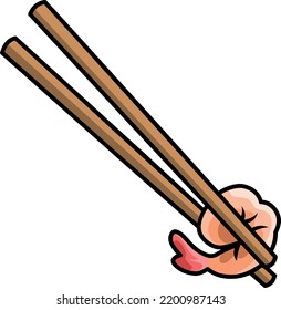 Chinese chopsticks holding a shrimp. Vector illustration. Cartoon style. Clip art. Outline.