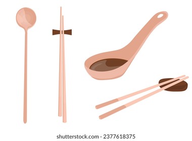 Chinese chopsticks vector stock illustration. Wooden spoon for soup and rice. Traditional Cutlery in East Asia (Japan, China, Korea, Vietnam). Isolated on a white background.