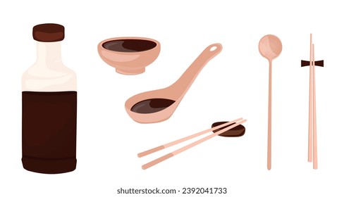 Chinese chopsticks vector stock illustration. Wooden spoon for soup and rice. Traditional Cutlery in East Asia (Japan, China, Korea, Vietnam). Isolated on a white background.