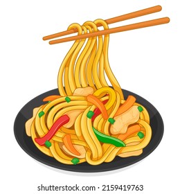 Chinese chow mein noodles recipe (Traditional asian chicken noodle stir-fry) illustration vector.