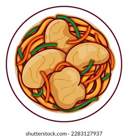 Chinese chow mein noodles recipe illustration vector. 
Taiwanese fried rice noodles food icon top view.
Chow mein noodles with chicken top view cartoon. 
Chinese dry noodles (Re Gan Mian) food menu.