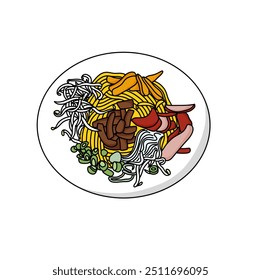 Chinese chow mein noodles recipe (Traditional asian chicken noodle stir-fry) illustration vector.