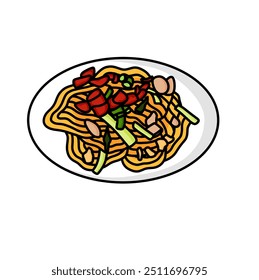 Chinese chow mein noodles recipe (Traditional asian chicken noodle stir-fry) illustration vector.