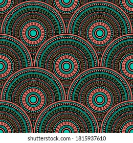 Diseño de alfombras de elementos de círculo chino vectorial sin fisuras. Motivos orientales, moderna ilustración repetitiva. Las formas circulares solapadas folclóricas japonesas se solapan con un patrón geométrico sin fisuras.