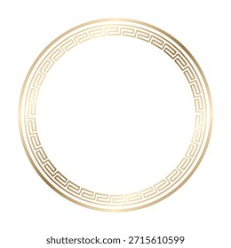 Ilustración vectorial de marco circular chino con patrón de meandro geométrico dorado sobre fondo blanco. Elegante diseño de borde de lujo para invitaciones, empaques, carteles, marcas y diseños decorativos.