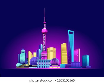 Chinese city Shanghai, its landmark promenade with skyscrapers neon glow at night vector horizontal illustration