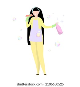 Chinese cleaning lady with sponge and cleaning agent in a bottle. Vector illustration.
