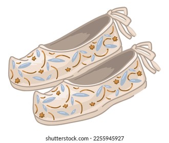 Chinese clothes and fashion, isolated old fashioned boots for women. Shoes with floral ornaments and lines. Women footwear for every day walks and traveling. Vector in flat style illustration