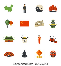 Chinese clothing historical landmarks and national symbols flat icons collection with yin yang  abstract isolated vector illustration