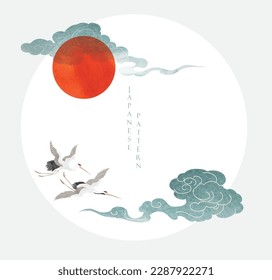 Chinese cloud and crane birds decorations with blue watercolor texture in vintage style. Abstract art landscape with red sun with hand drawn wave elements icon design