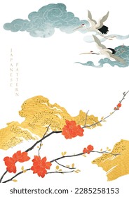 Chinese cloud, crane birds and stone decorations with blue and gold watercolor texture in vintage style. Abstract art landscape with red flower branch with hand drawn line background.