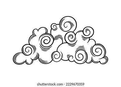 Nubes chinas en estilo rizado. Nubes de boho decorativas para diseños festivos asiáticos. Ilustración del vector aislada en fondo blanco