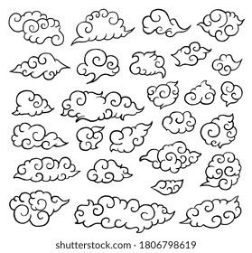 Chinese cloud. Curved chinese cloud different size. Eastern vector ornament doodle drawing collection. Oriental attribute set. Filled outline editable stroke. Black and white design illustration