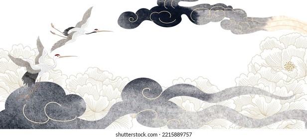 Decoración en la nube china con textura de color negro y gris en estilo vintage. Resumen del paisaje artístico con aves grúas con elementos florales de peonía de línea dibujada a mano