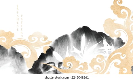 Chinese cloud decorations with black watercolor texture in vintage style. Abstract art landscape with mountain and bamboo leaves with hand drawn wave elements