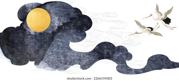 Chinesische Cloud-Dekorationen mit schwarzer Aquarellstruktur im Vintage-Stil. Abstrakte Kunstlandschaft mit goldener Sonne und Mond mit handgezeichneten Wellenelementen