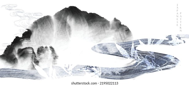 Chinese cloud decorations with black and white watercolor texture in vintage style. Abstract art landscape with mountain forest and bamboo leaves with hand drawn wave elements