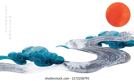 Chinese cloud decorations with blue watercolor texture in vintage style. Abstract art landscape with red sun with hand drawn wave elements - Shutterstock ID 2172258795