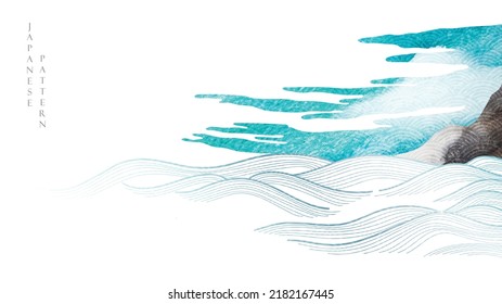 Chinese cloud decorations with blue watercolor texture in vintage style. Abstract art landscape with mountain and ocean sea with hand drawn wave elements