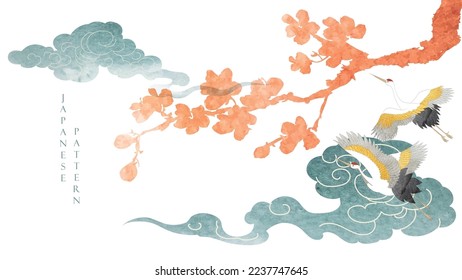 Decoración de nubes chinas con textura de color azul en estilo vintage. Resumen del paisaje artístico con flor de cerezo y decoración de aves grúas al estilo japonés.