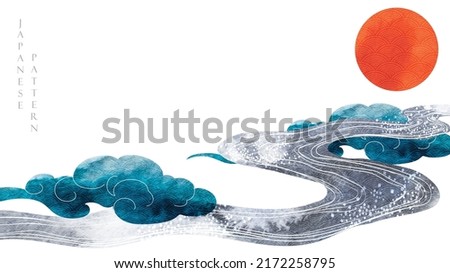 Chinese cloud decorations with blue watercolor texture in vintage style. Abstract art landscape with red sun with hand drawn wave elements
