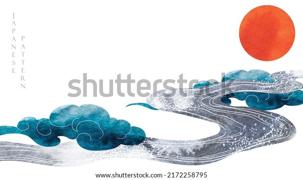 Chinese cloud decorations with blue watercolor\
texture in vintage style. Abstract art landscape with red sun with\
hand drawn wave\
elements