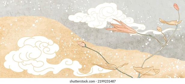 Chinese cloud decorations with grey and brown watercolor texture in vintage style. Abstract art landscape with hand drawn flower elements