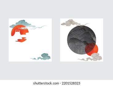 Chinese cloud decorations with red sun watercolor texture in vintage style. Abstract art landscape with Fuji mountain element with hand drawn wave decoration.