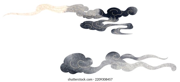 Chinesische Cloud-Dekorationen mit weißer und schwarzer Aquarellstruktur im Vintage-Stil. Abstrakte Kunstlandschaftselemente