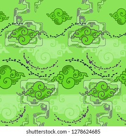 Chinese cloud design with trump trick style with alien green blue tone seamless pattern vector background 