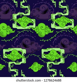 Chinese cloud design with trump trick style with alien green blue tone seamless pattern vector background 