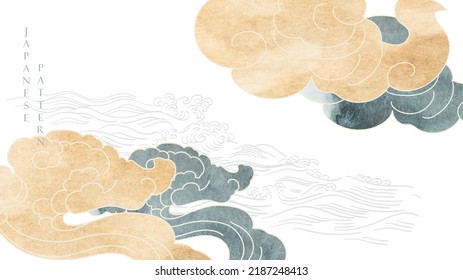 Chinese cloud with Japanese pattern vector. Oriental decoration with logo design, flyer, banner or presentation in vintage style. Blue and brown watercolor texture with hand drawn wave element.